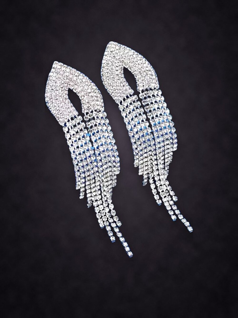 Silver Tone Rhinestone Fringe Drop Earrings, Long Crystal Tassel NWT